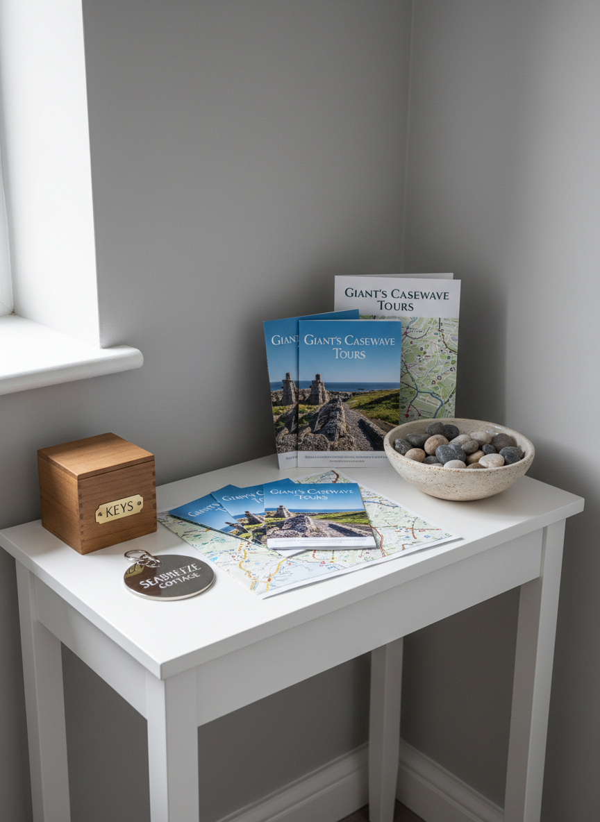 A professionally arranged information corner inside a holiday cottage, featuring a sleek white console table against a pale coastal-grey wall. On the table sits a neatly organized display of glossy brochures for Giant’s Causeway tours, walking maps, and a small wooden box labeled “keys” beside a polished metal key fob engraved with a cottage name. A ceramic bowl holds smooth shoreline pebbles, adding texture. Soft, indirect natural light from an unseen window washes the scene, producing minimal shadow and a clean, modern look. Photographic realism, eye-level composition, with a calm, organized atmosphere emphasizing attention to detail and guest information.