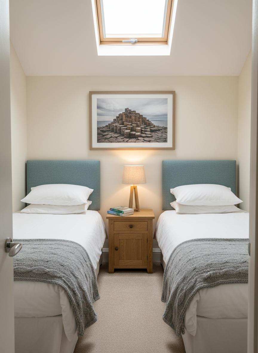 A cozy twin bedroom in a coastal holiday cottage, featuring two perfectly made single beds with crisp white cotton linens, soft grey wool throws, and upholstered headboards in a muted sea-glass blue. Between them stands a small solid-wood bedside table with a warm-glow bedside lamp and a neatly stacked pair of local guidebooks. A framed landscape photograph of the Giant’s Causeway hangs above, echoing the coastal theme. Natural overcast daylight enters from a skylight, creating gentle, even illumination with minimal shadows. Photographic realism, shot from the doorway at a slightly elevated angle, conveying a clean, professional, restful atmosphere suitable for booking pages.