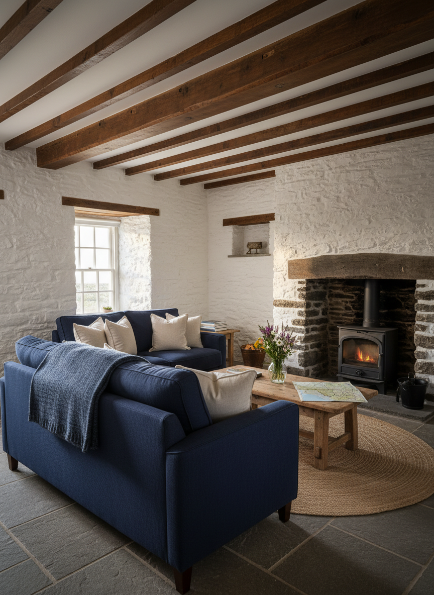 A luxurious stone cottage living room styled as a self-catering holiday home near the Giant’s Causeway, with thick whitewashed stone walls, exposed oak beams, and a deep navy wool sofa facing a modern wood-burning stove set in a rustic stone fireplace. A low reclaimed-wood coffee table holds a folded local map and a small vase of wild coastal flowers. Soft late-afternoon natural light filters through a small sash window, catching the texture of linen cushions and a woven jute rug. Photographic realism, shot at eye level with a gentle wide-angle lens, sharp focus throughout, creating a calm, professional, welcoming atmosphere suitable for a homepage hero image.