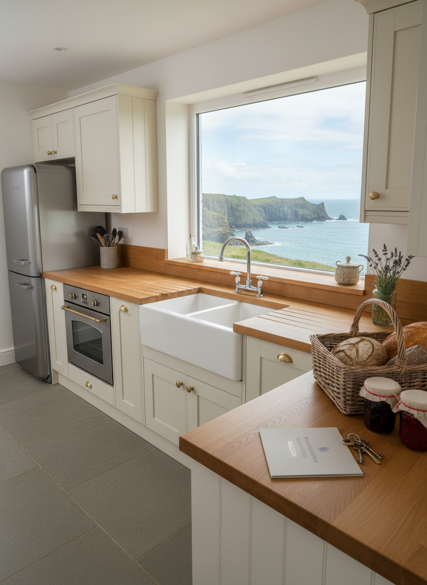 A bright, impeccably tidy self-catering cottage kitchen overlooking the Giant’s Causeway coastline, featuring shaker-style, soft cream cabinets, a solid oak worktop, and a ceramic farmhouse sink beneath a wide window framing distant cliffs and sea. On the counter, a wicker welcome hamper with artisanal bread, local jam, and fresh eggs sits beside a neatly printed information booklet and cottage keys. Diffused coastal daylight pours in, creating subtle reflections on brushed-steel appliances. Photographic realism, shot from a slightly elevated angle, with an inviting, professional mood and a balanced composition that clearly showcases both the amenities and the sense of place.