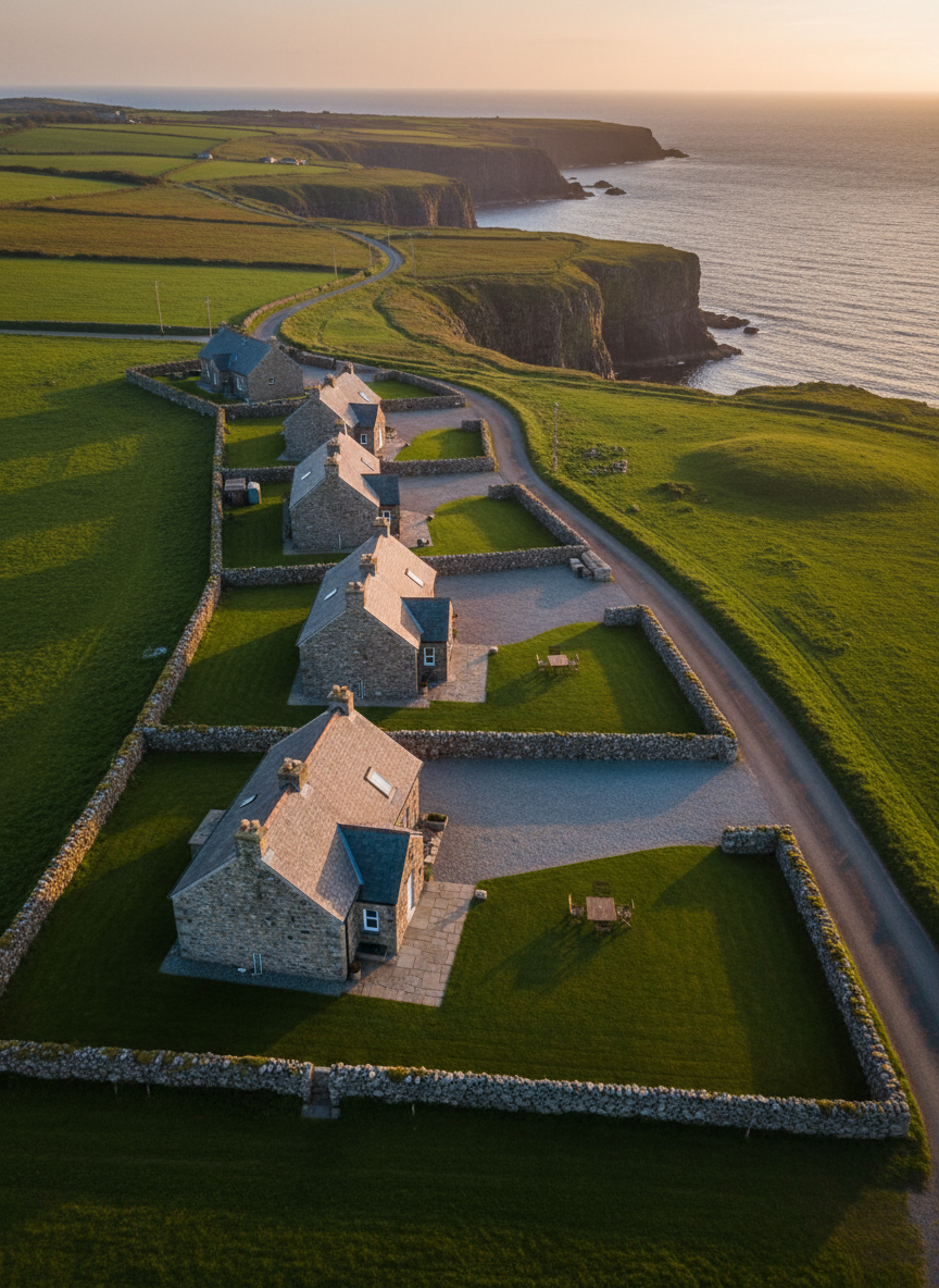 An aerial photographic view of a small cluster of traditional stone holiday cottages with slate roofs, neatly arranged along a winding coastal road near the Giant’s Causeway. Each cottage has a tidy gravel driveway, manicured lawn, and small patio with outdoor seating, bordered by low stone walls and green fields rolling toward dramatic basalt cliffs and the distant sea. Captured in soft golden hour light, long shadows add depth and warmth to the landscape. The mood is serene and aspirational, with crisp, photographic realism and a wide, panoramic composition ideal for illustrating the location and scale of the accommodation.